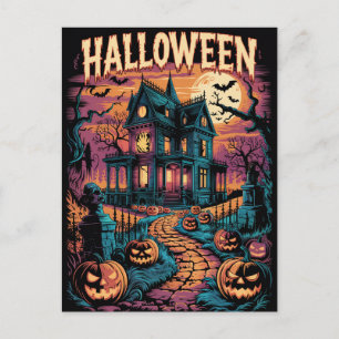 Halloween Spooky Haunted House Pumpkins          Postcard