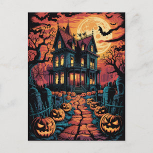 Halloween Spooky Haunted House Pumpkins          Postcard