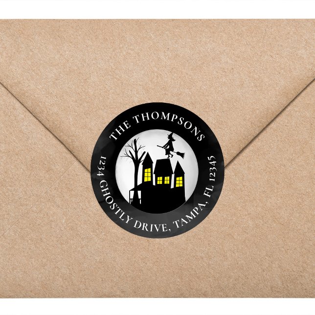 Halloween Spooky Haunted House Return Address  Classic Round Sticker (Halloween witchy return address label with witch and broomstick)