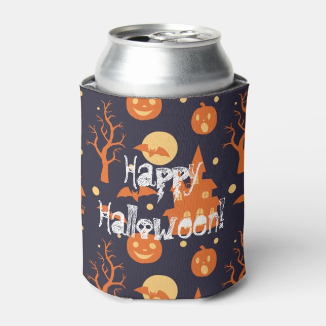 Halloween Spooky House Bats Trees Pumpkin Festive Can Cooler (Can Front)