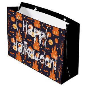 Halloween Spooky House Bats Trees Pumpkin Pattern Large Gift Bag