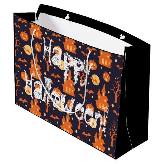 Halloween Spooky House Bats Trees Pumpkin Pattern Large Gift Bag (Back Angled)