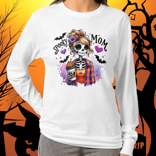 Halloween Spooky Mum Skeleton Messy Bun Custom T-Shirt (Creator Uploaded)