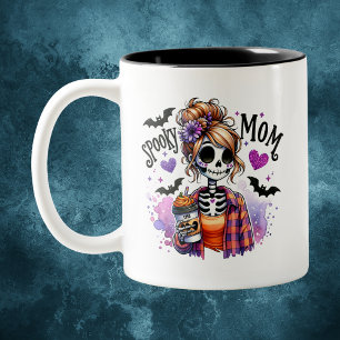 Halloween Spooky Mum Skeleton Messy Bun Custom Two-Tone Coffee Mug