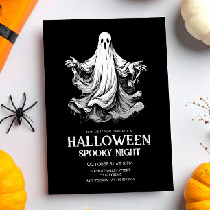 Halloween spooky night party with ghost holiday postcard