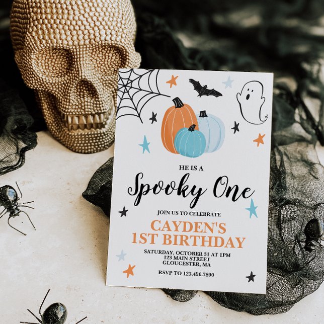 Halloween Spooky One 1st Birthday Blue Pumpkins In Invitation (Creator Uploaded)