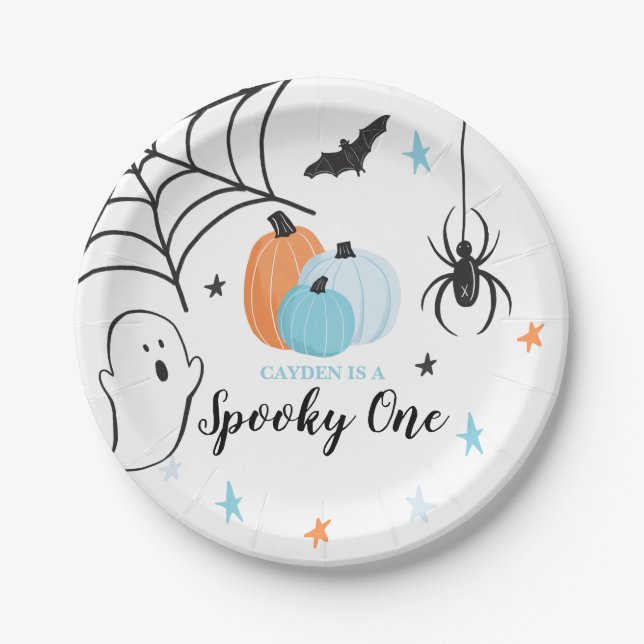 Halloween Spooky One Birthday Blue Pumpkins Paper Plate (Front)