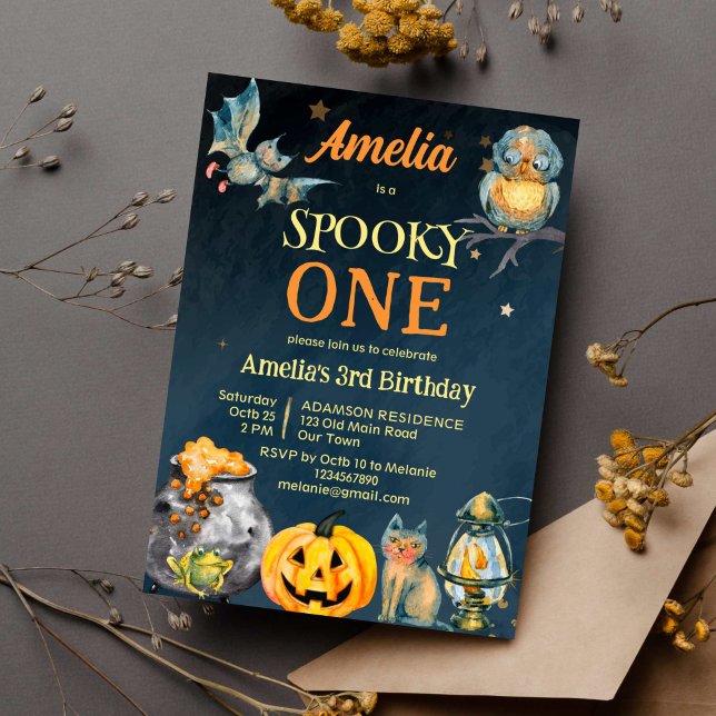 Halloween spooky one birthday party invitation (Spooky one Halloween birthday party template invitation watercolor pumpkin owl bat cat brewing pot)