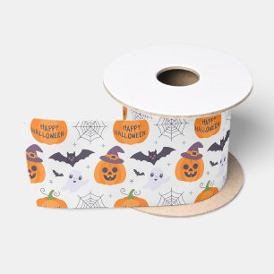 Halloween Spooky Pumpkin Bats Ghost Pattern Satin Ribbon