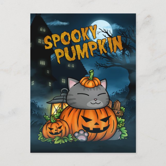 Halloween Spooky Pumpkin Cat Holiday Postcard (Front)
