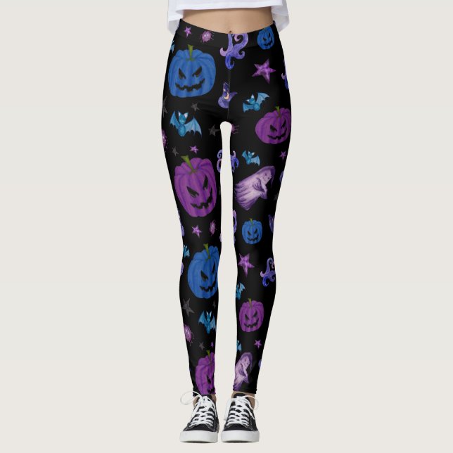 Halloween Spooky Pumpkin Pattern Black background Leggings (Front)