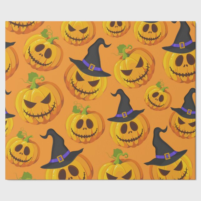 Halloween Spooky Pumpkin Witch Hat Orange Pattern Wrapping Paper (Seam)