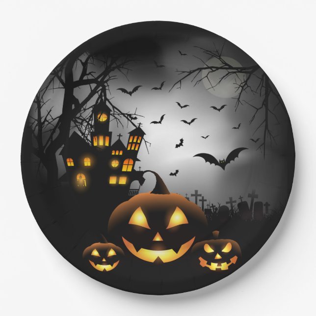 Halloween - Spooky Pumpkins Grey Moon - All Opt Paper Plate (Front)