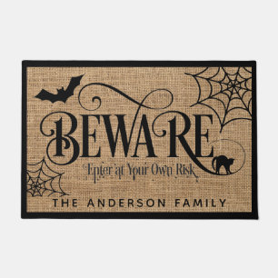 Halloween Spooky Rustic Country Burlap BEWARE Doormat