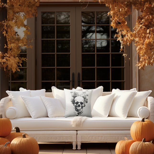 Halloween Spooky Scary Botanical Skull Cushion (Enchant your Autumn Decor with our Spooky Botanical Skull Pillow. #Halloween #OutdoorDecor)