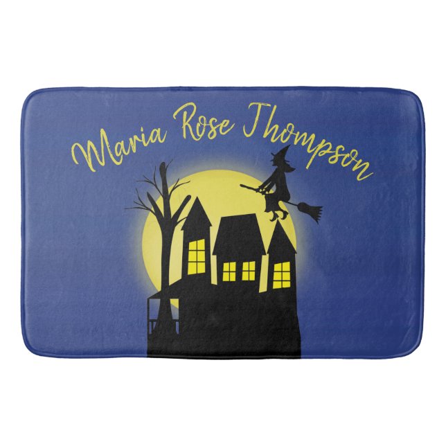 Halloween Spooky Scary Moonlight Flying Witch Bath Mat (Front)