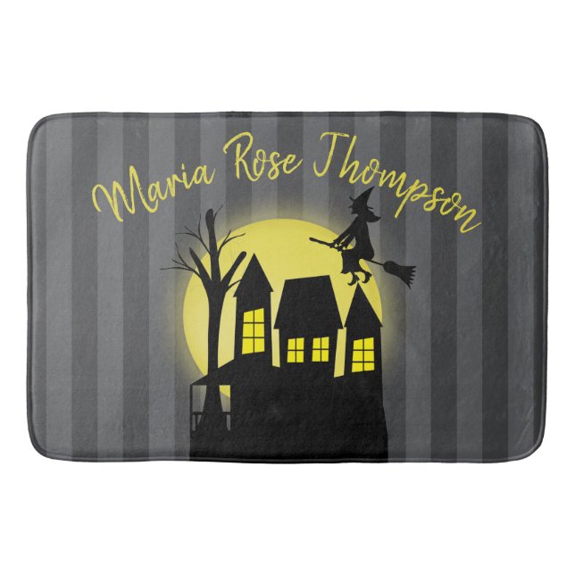 Halloween Spooky Scary Moonlight Flying Witch Bath Mat (Front)