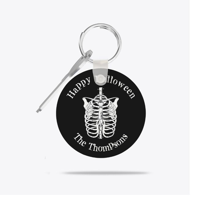 Halloween Spooky Scary Skeleton X Ray Key Ring (Personalized gothic skeleton Halloween keychain with bold black background design.)