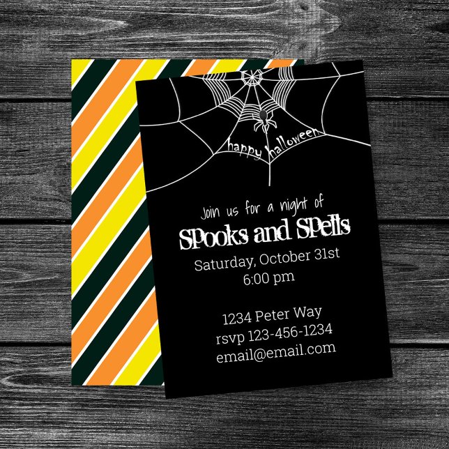 Halloween Spooky Scary Spider Web Whimsical Invitation (Spooks and Spells Halloween party design with spider web and spooky black background.)