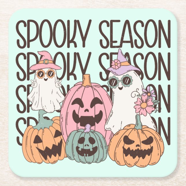 Halloween Spooky Season Square Paper Coaster (Front)
