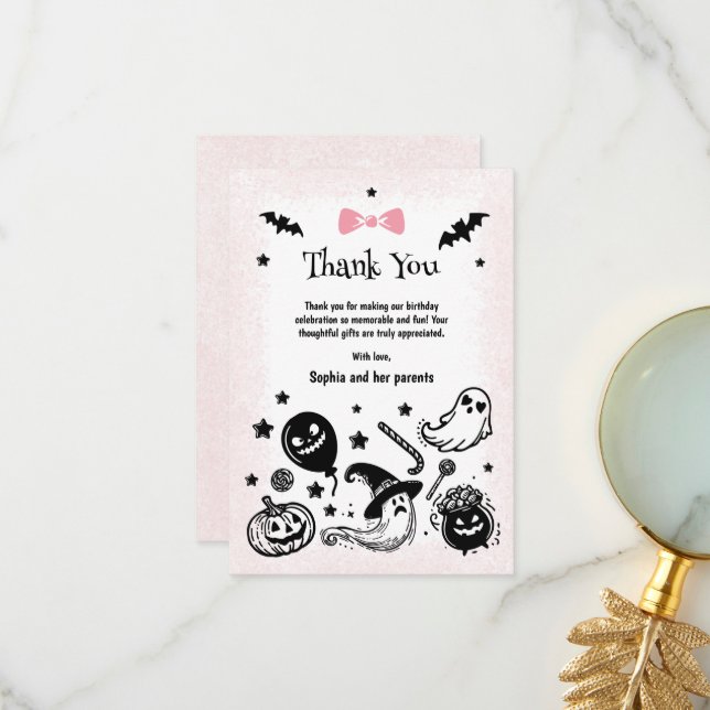 Halloween Spooky Simple Pink Ribbon Girl Birthday  Thank You Card (Front/Back In Situ)