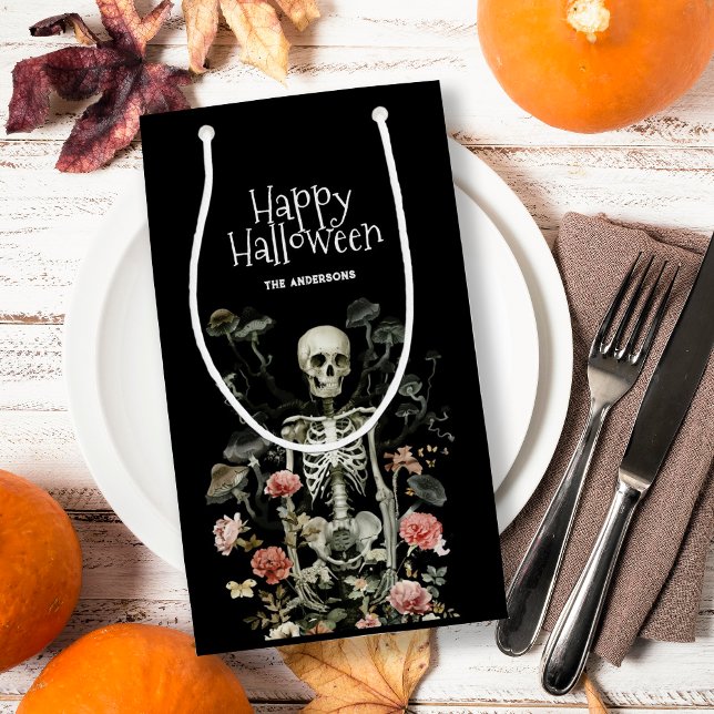 Halloween Spooky Skeleton Pink Floral Black Small Gift Bag (Creator Uploaded)