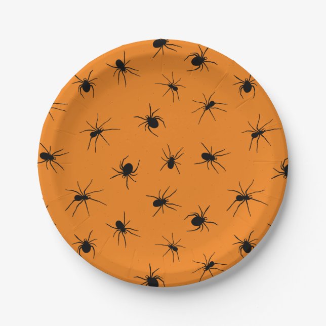 Halloween Spooky Spiders Orange Party Paper Plate (Front)