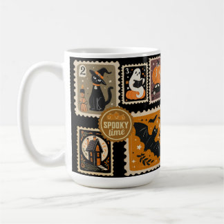 Halloween Spooky Time Postal Stamps Ghosts Bat Cat Coffee Mug