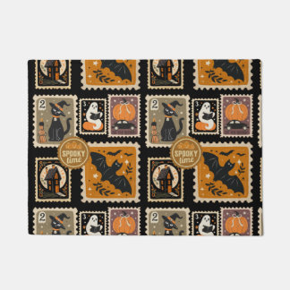 Halloween Spooky Time Postal Stamps Ghosts Bat Cat Doormat