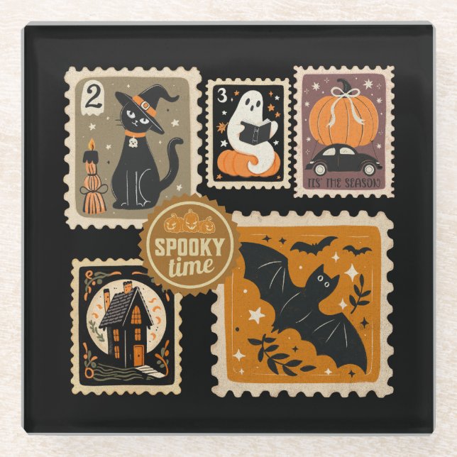 Halloween Spooky Time Postal Stamps Ghosts Bat Cat Glass Coaster (Front)