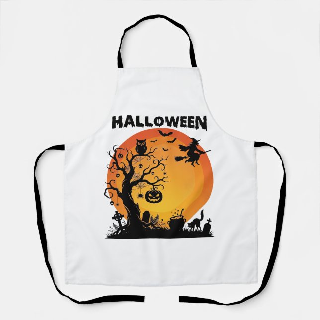 Halloween Spooky Tree Flying Witch Orange Moon Bla Apron (Front)
