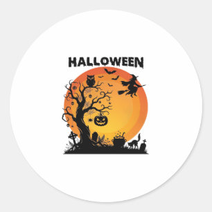 Halloween Spooky Tree Flying Witch Orange Moon Bla Classic Round Sticker