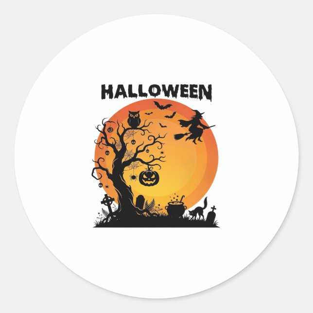 Halloween Spooky Tree Flying Witch Orange Moon Bla Classic Round Sticker (Front)