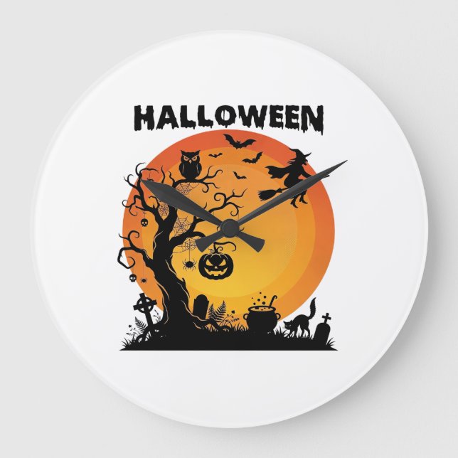 Halloween Spooky Tree Flying Witch Orange Moon Bla Large Clock (Front)