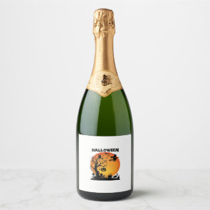 Halloween Spooky Tree Flying Witch Orange Moon Bla Sparkling Wine Label