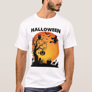 Halloween Spooky Tree Flying Witch Orange Moon Bla T-Shirt