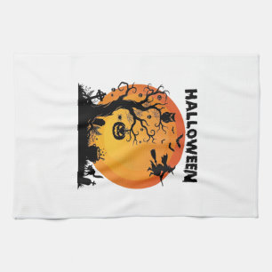 Halloween Spooky Tree Flying Witch Orange Moon Bla Tea Towel