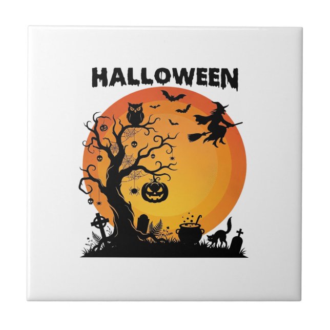 Halloween Spooky Tree Flying Witch Orange Moon Bla Tile (Front)