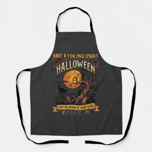 Halloween Spooky Tree Full Moon Black Cat Graveyar Apron