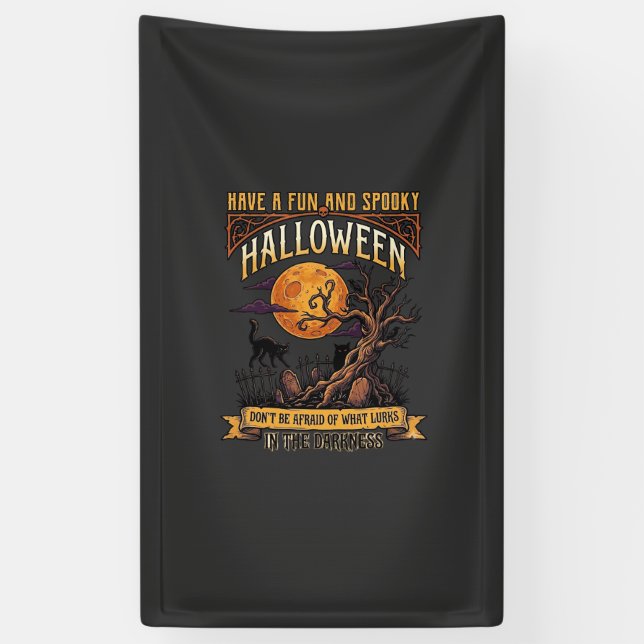 Halloween Spooky Tree Full Moon Black Cat Graveyar Banner (Vertical)