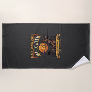 Halloween Spooky Tree Full Moon Black Cat Graveyar Beach Towel
