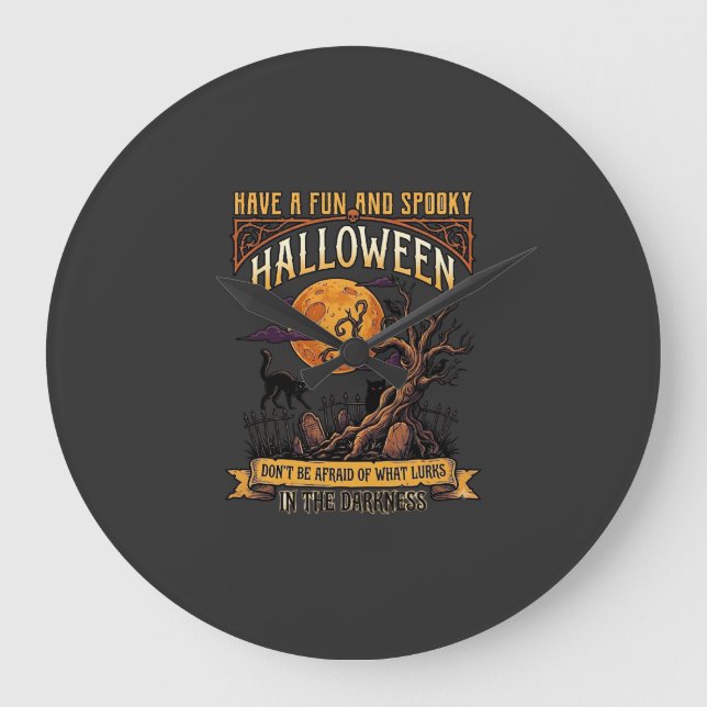 Halloween Spooky Tree Full Moon Black Cat Graveyar Large Clock (Front)