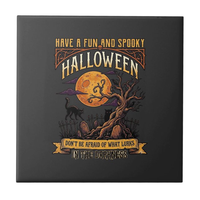 Halloween Spooky Tree Full Moon Black Cat Graveyar Tile (Front)