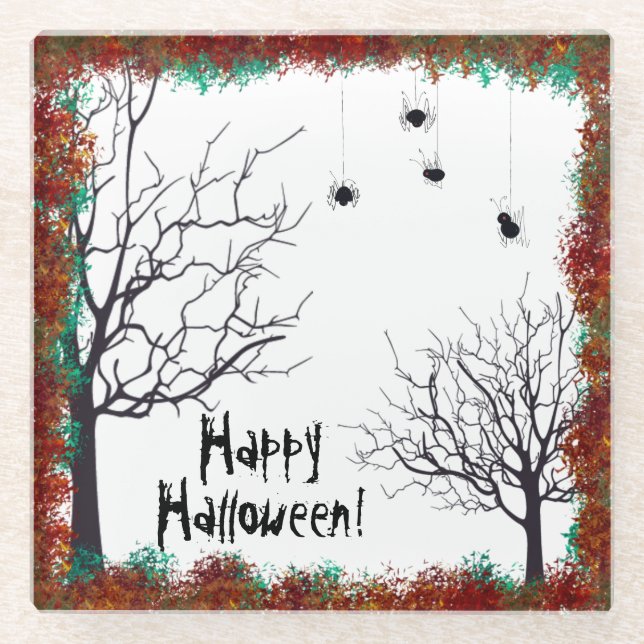 Halloween Spooky Tree Spiders Hanging Fall Foliage Glass Coaster (Front)