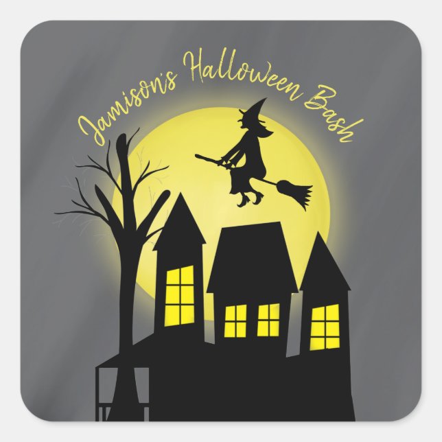 Halloween Spooky Witch Broomstick Moonlight Square Sticker (Front)