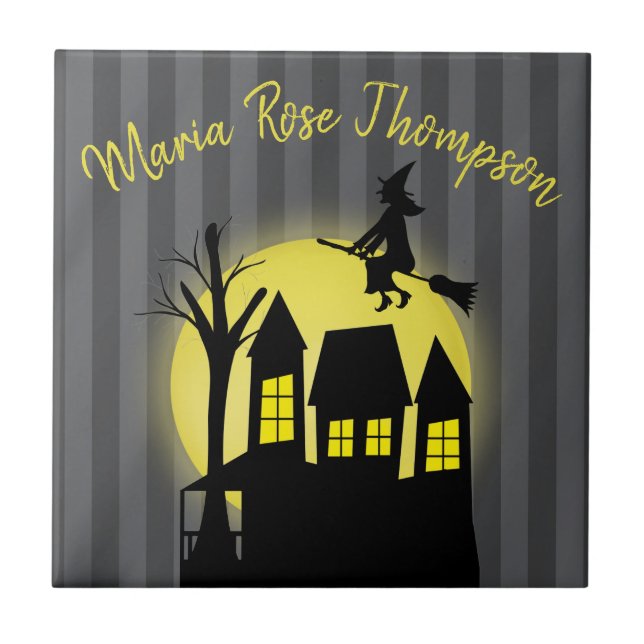 Halloween Spooky Witch Broomstick Moonlight Tile (Front)