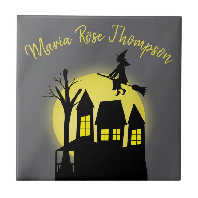 Halloween Spooky Witch Broomstick Moonlight Tile (Front)