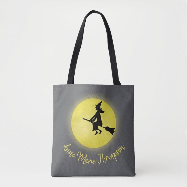 Halloween Spooky Witch Broomstick Moonlight Tote Bag (Front)