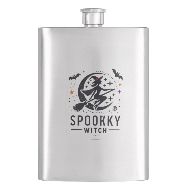 Halloween Spooky Witch Design - Flying on Broom Hip Flask (Front)