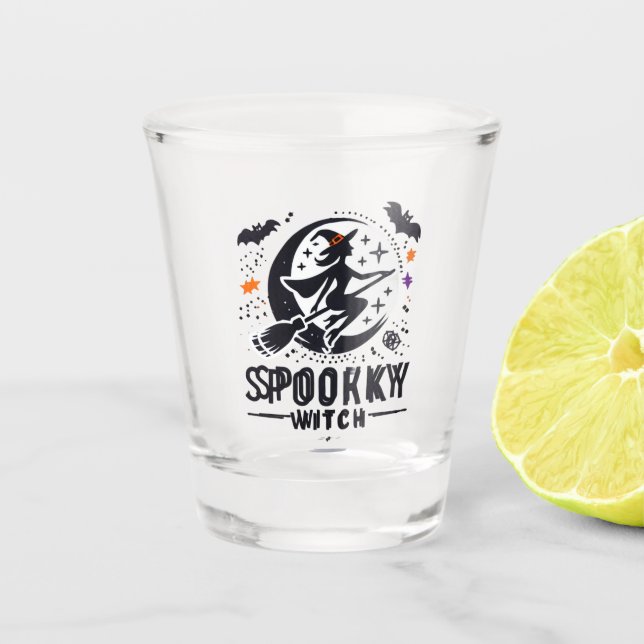 Halloween Spooky Witch Design - Flying on Broom Shot Glass (Front)